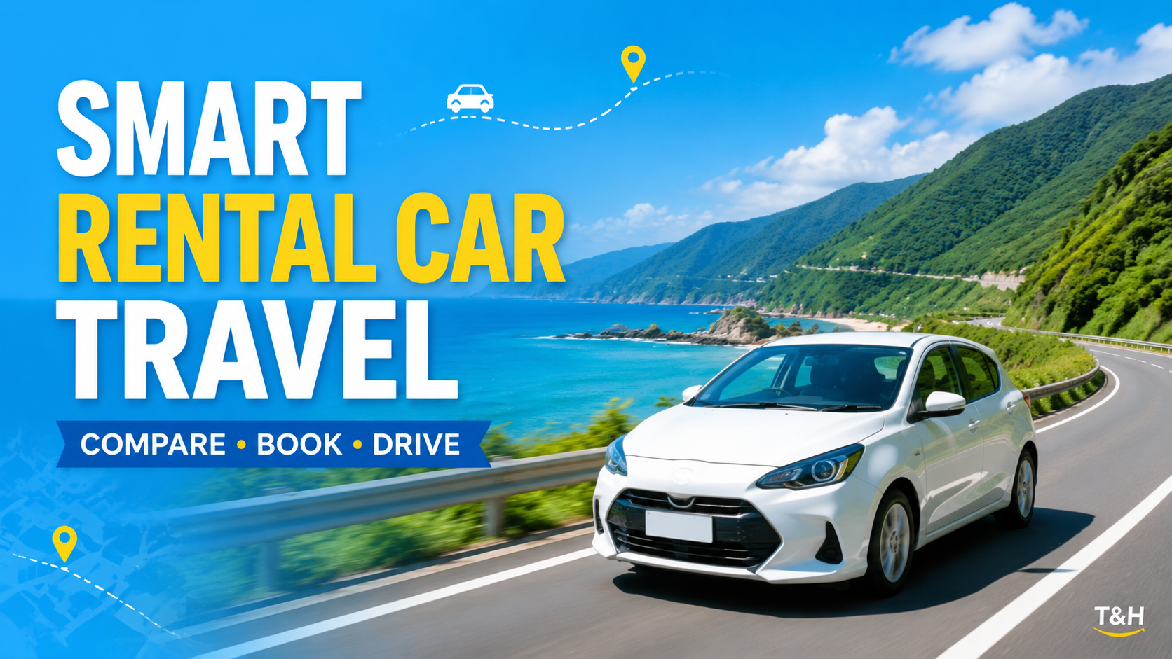 Promotional banner for Smart Rental Car Travel with a white car driving along a coastal highway under a blue sky.