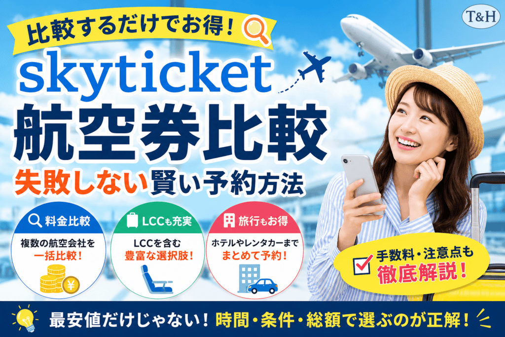 Skyticket flight-ticket comparison banner with a smiling woman at the airport and large 航空券比較 text in blue, blue sky background.