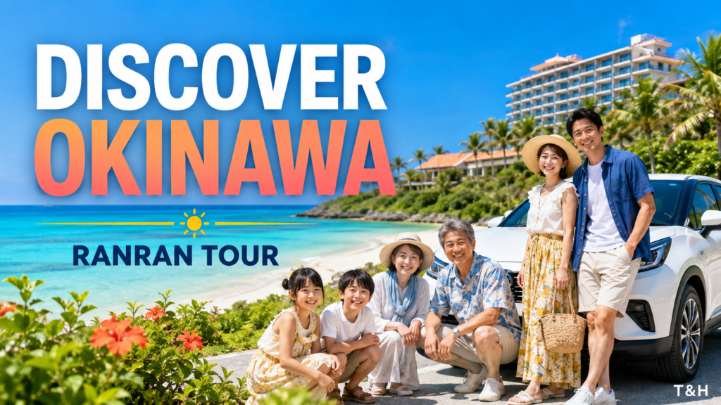 A smiling six‑member family poses by a white SUV on a sunny Okinawa beach, with turquoise water, palm trees and a hotel in the background.
