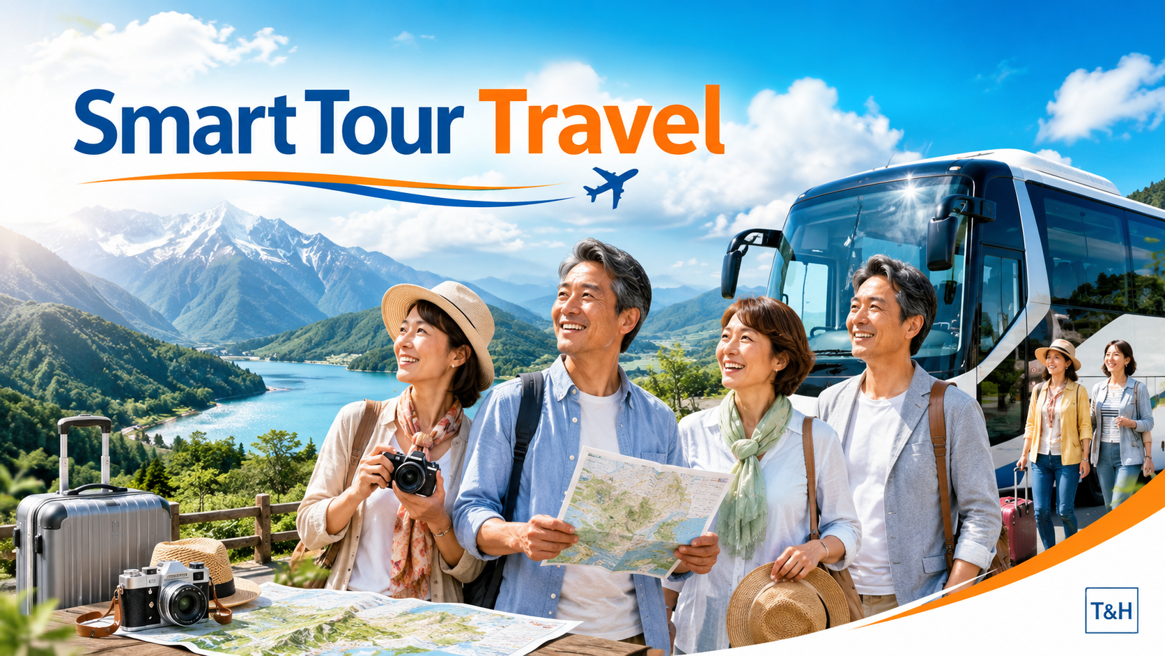 Smiling travelers with camera and map in front of a tour bus against a mountain lake landscape with blue sky and branding 'Smart Tour Travel'.